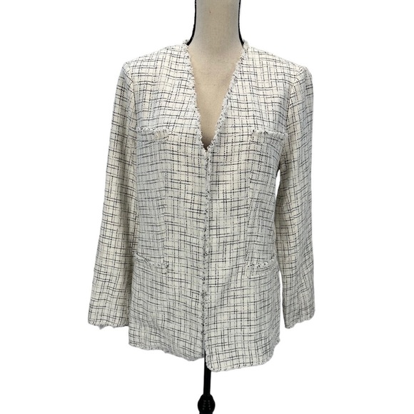 Club Monaco Long Sleeve Rough Hem Plaid Marrylynne Blazer - White Black -size 12